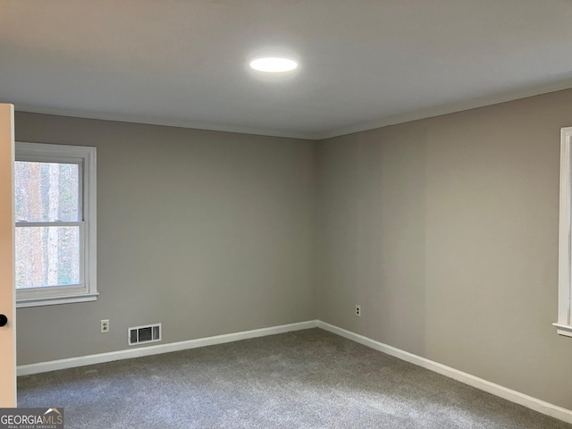 unfurnished room featuring ornamental molding and carpet floors