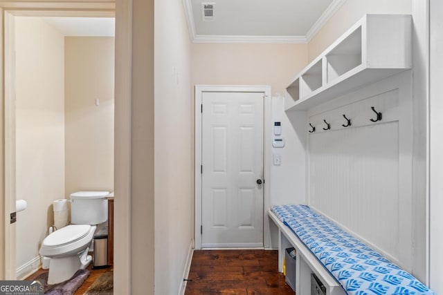 mudroom with dark wood-type flooring and ornamental molding