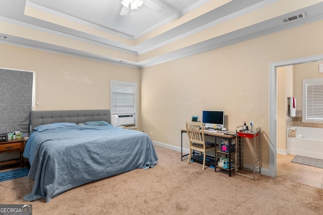 bedroom with a raised ceiling, ornamental molding, light colored carpet, and cooling unit