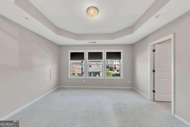 spare room featuring light carpet and a raised ceiling