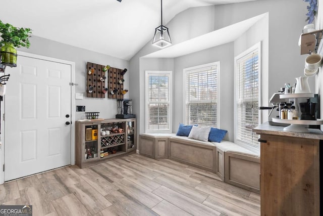 living area with lofted ceiling and light hardwood / wood-style floors