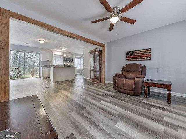 living room featuring ceiling fan and light hardwood / wood-style flooring