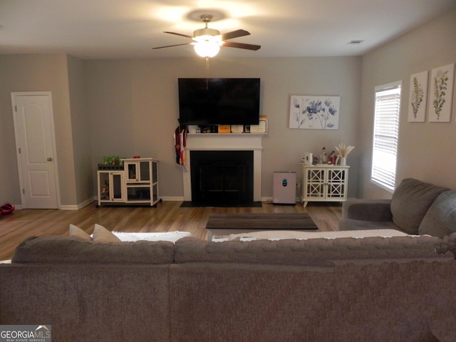 living room featuring hardwood / wood-style floors and ceiling fan