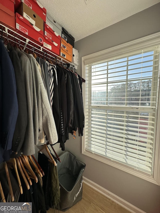 walk in closet with hardwood / wood-style floors