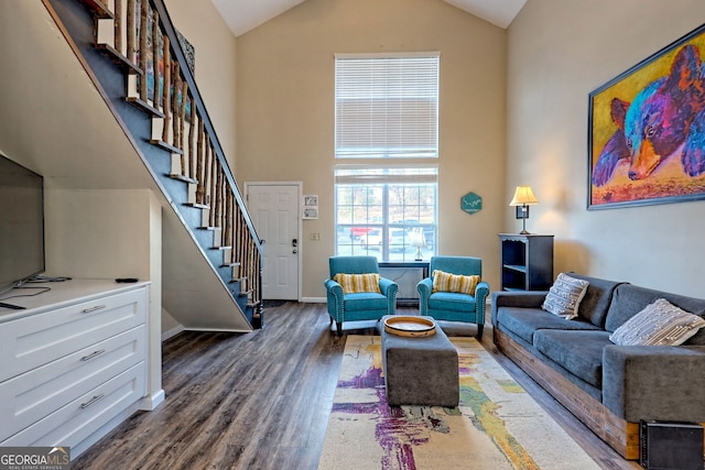 living room featuring high vaulted ceiling and dark hardwood / wood-style floors