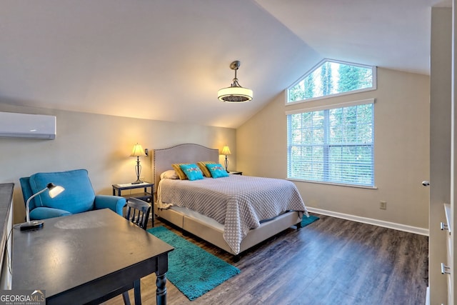 bedroom featuring vaulted ceiling, dark hardwood / wood-style floors, and a wall mounted AC