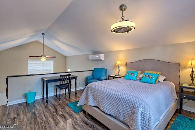 bedroom featuring dark hardwood / wood-style flooring, a wall mounted air conditioner, and vaulted ceiling