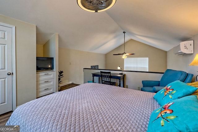 bedroom with hardwood / wood-style flooring, an AC wall unit, and lofted ceiling