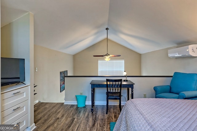 bedroom with lofted ceiling, dark hardwood / wood-style floors, and a wall mounted AC