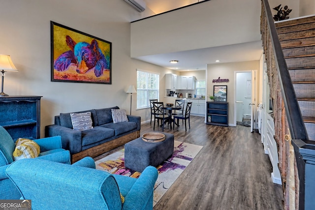 living room with dark hardwood / wood-style flooring