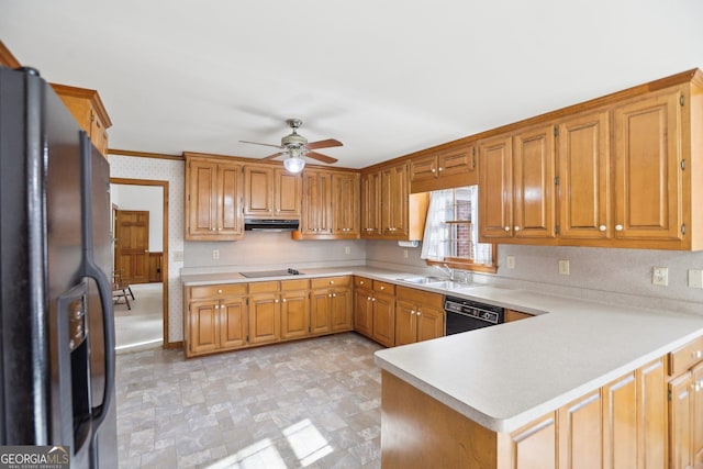 kitchen with ceiling fan, kitchen peninsula, sink, and black appliances