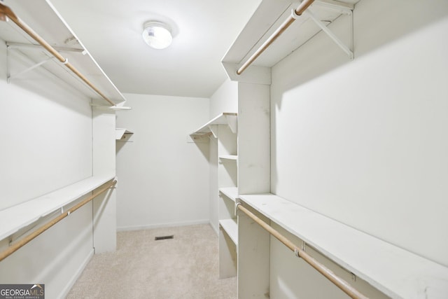 spacious closet featuring light colored carpet