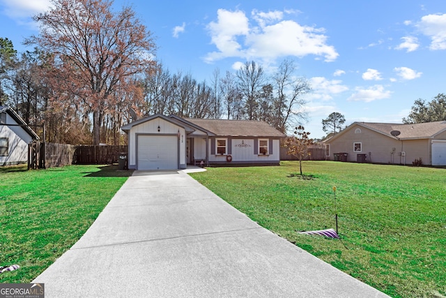 ranch-style home with a garage and a front yard