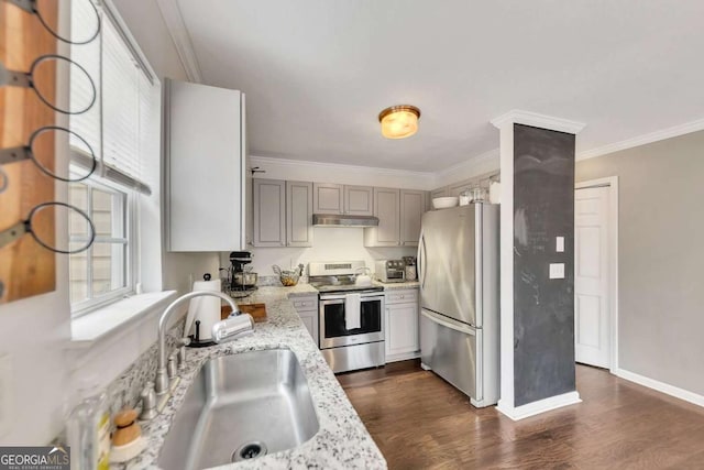 kitchen featuring appliances with stainless steel finishes, sink, gray cabinetry, light stone counters, and crown molding