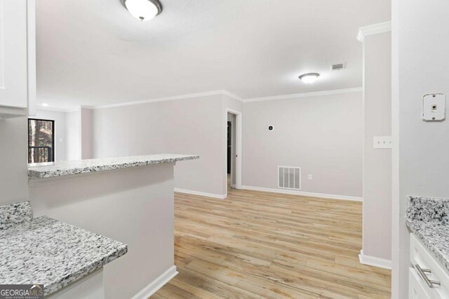 interior space featuring crown molding and light hardwood / wood-style flooring