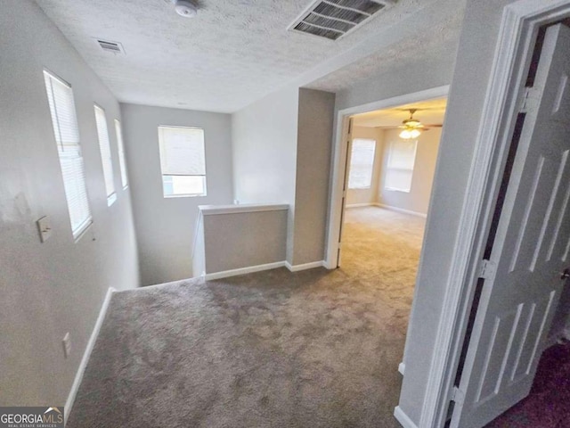 hallway with carpet flooring and a textured ceiling