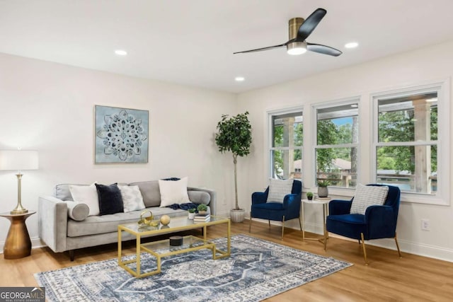 living room with hardwood / wood-style flooring and ceiling fan