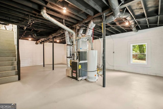 basement with heating unit and gas water heater