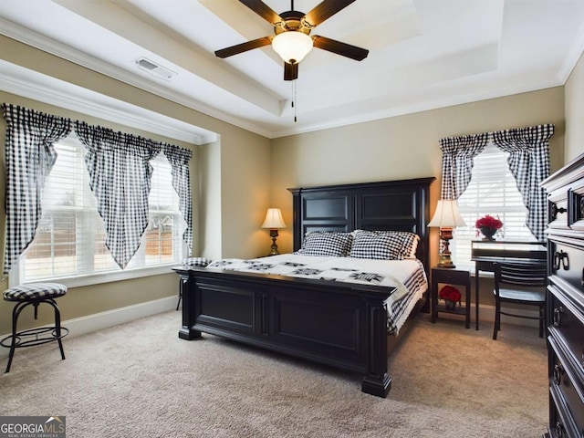 bedroom featuring a raised ceiling, carpet floors, and multiple windows