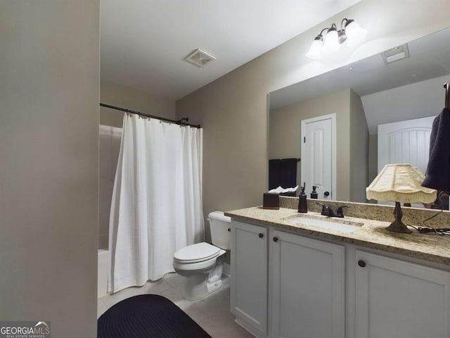 full bathroom with vanity, shower / tub combo, tile patterned floors, and toilet