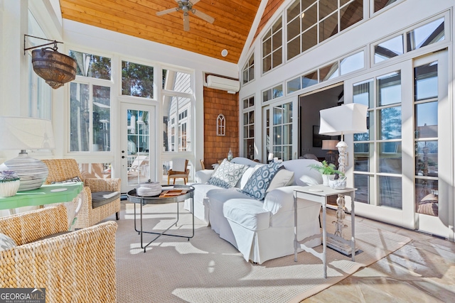 sunroom with vaulted ceiling, wooden ceiling, an AC wall unit, and ceiling fan