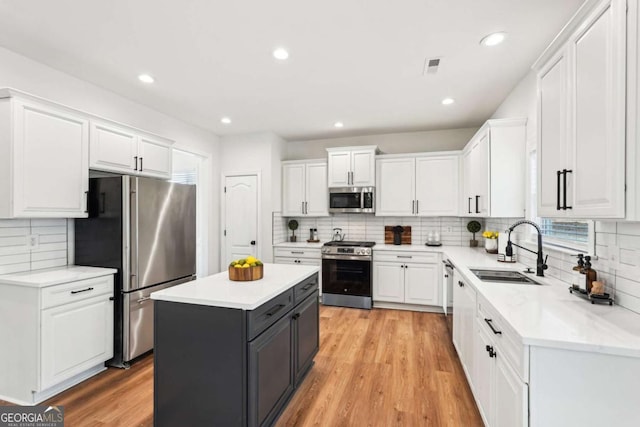 kitchen with stainless steel appliances, sink, a kitchen island, and white cabinets