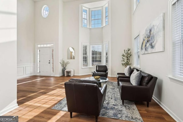 living room with hardwood / wood-style flooring and a towering ceiling