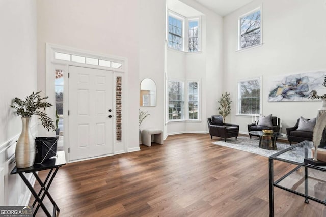 foyer entrance with plenty of natural light, dark hardwood / wood-style flooring, and a high ceiling