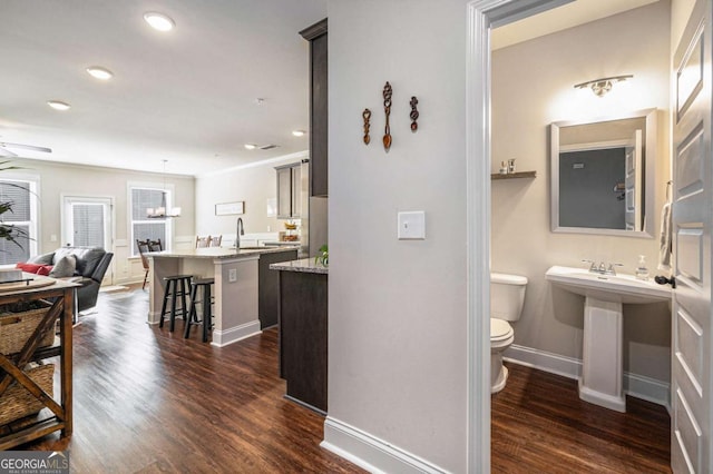 interior space with sink and dark wood-type flooring