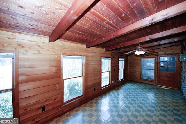 unfurnished room featuring beamed ceiling, ceiling fan, wood ceiling, and wood walls