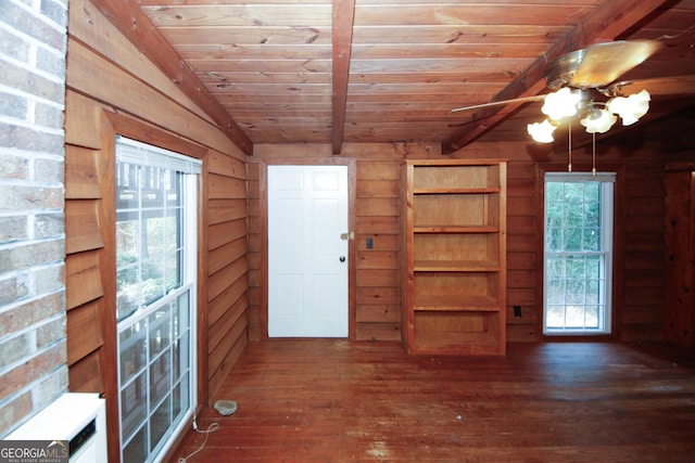 foyer featuring lofted ceiling with beams, dark hardwood / wood-style floors, wooden ceiling, and wooden walls