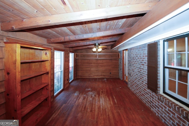 interior space with dark hardwood / wood-style flooring, beam ceiling, wooden ceiling, and wood walls