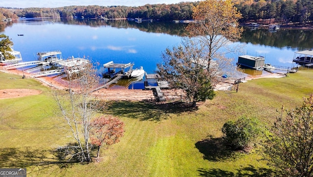 birds eye view of property with a water view