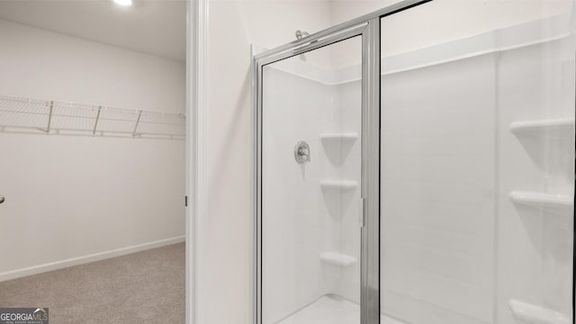 bathroom with a shower with shower door