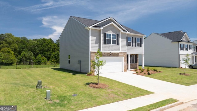 view of front facade featuring a garage and a front lawn