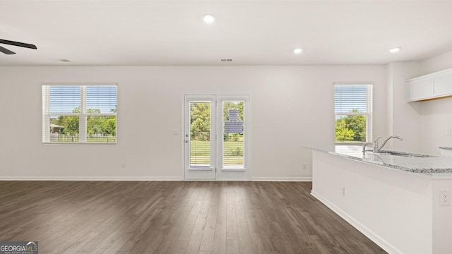 unfurnished living room with dark hardwood / wood-style flooring, sink, and plenty of natural light