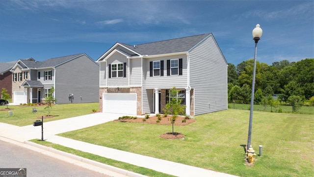 view of front of home with a garage and a front lawn