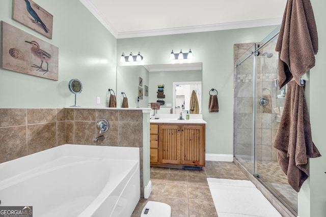 bathroom with ornamental molding, separate shower and tub, tile patterned flooring, and vanity