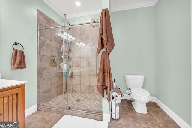 bathroom featuring ornamental molding, vanity, tile patterned floors, and walk in shower