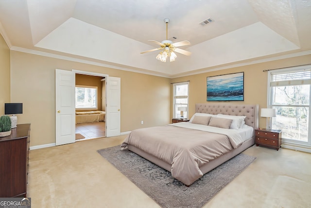 bedroom featuring a raised ceiling, light colored carpet, and multiple windows