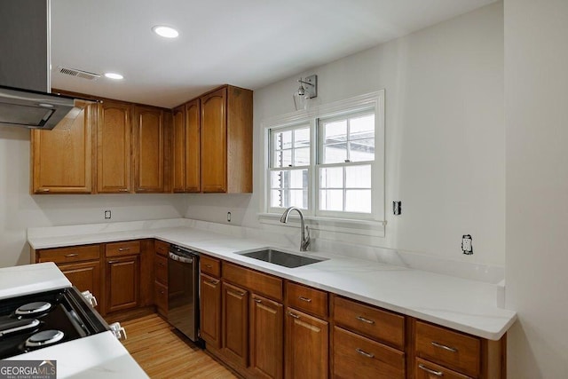 kitchen with sink, dishwasher, and light wood-type flooring