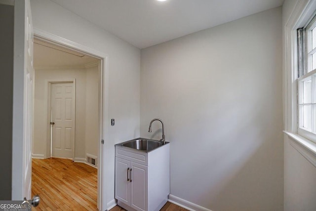 laundry room with sink, a wealth of natural light, and light wood-type flooring