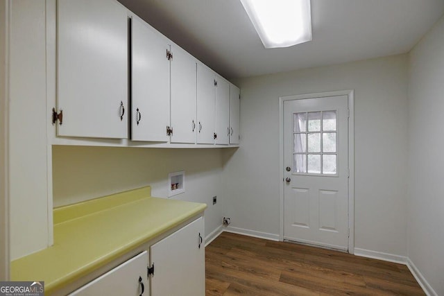 washroom featuring washer hookup, dark wood-type flooring, cabinets, and hookup for an electric dryer