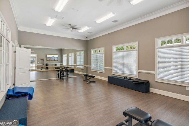 exercise room featuring hardwood / wood-style flooring, crown molding, and ceiling fan