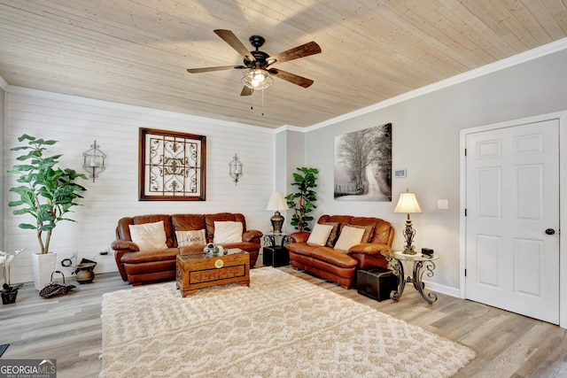 living room featuring ornamental molding, wooden ceiling, ceiling fan, and light wood-type flooring