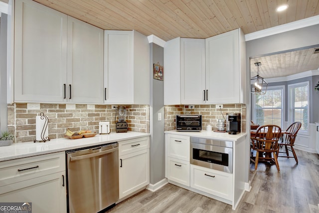 kitchen featuring wood ceiling, white cabinets, and appliances with stainless steel finishes