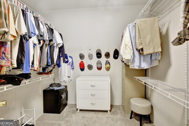 spacious closet featuring light colored carpet