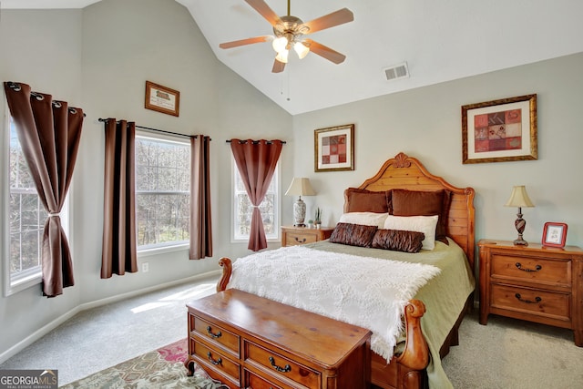 bedroom featuring high vaulted ceiling, light colored carpet, and ceiling fan