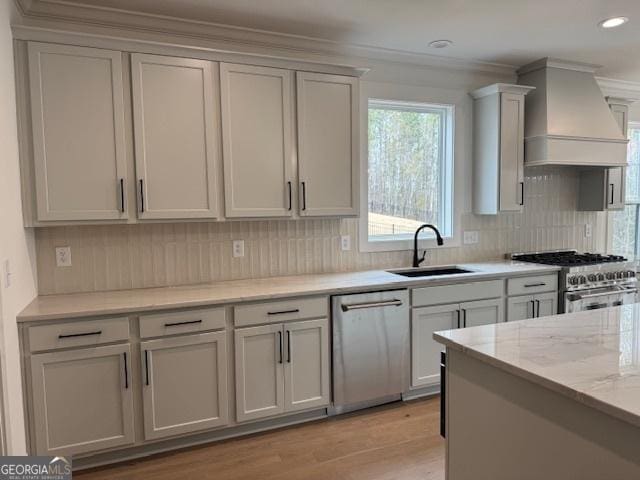 kitchen featuring light wood finished floors, a sink, tasteful backsplash, appliances with stainless steel finishes, and custom exhaust hood
