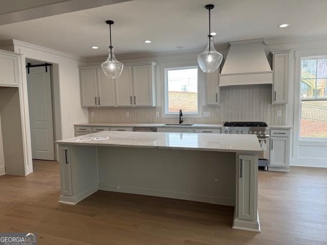 kitchen with high end stove, a sink, premium range hood, a kitchen island, and decorative backsplash
